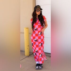 Pink Checkerboard Maxi Dress with Yin Yang Print